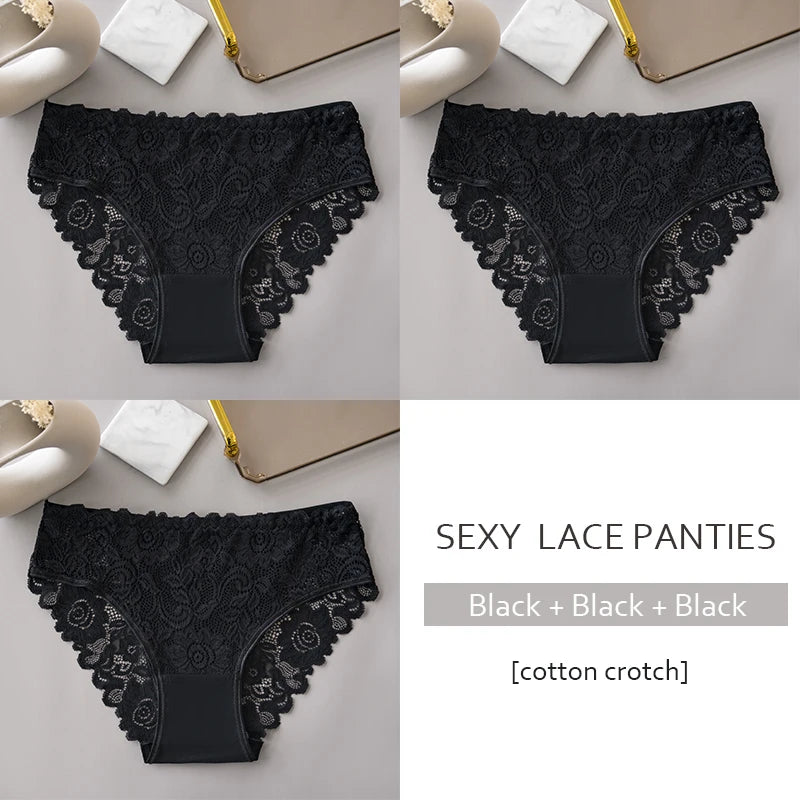 Women’s Lace Briefs 3‑Pack – Floral Embroidery, Mid‑Rise - 3KDyn